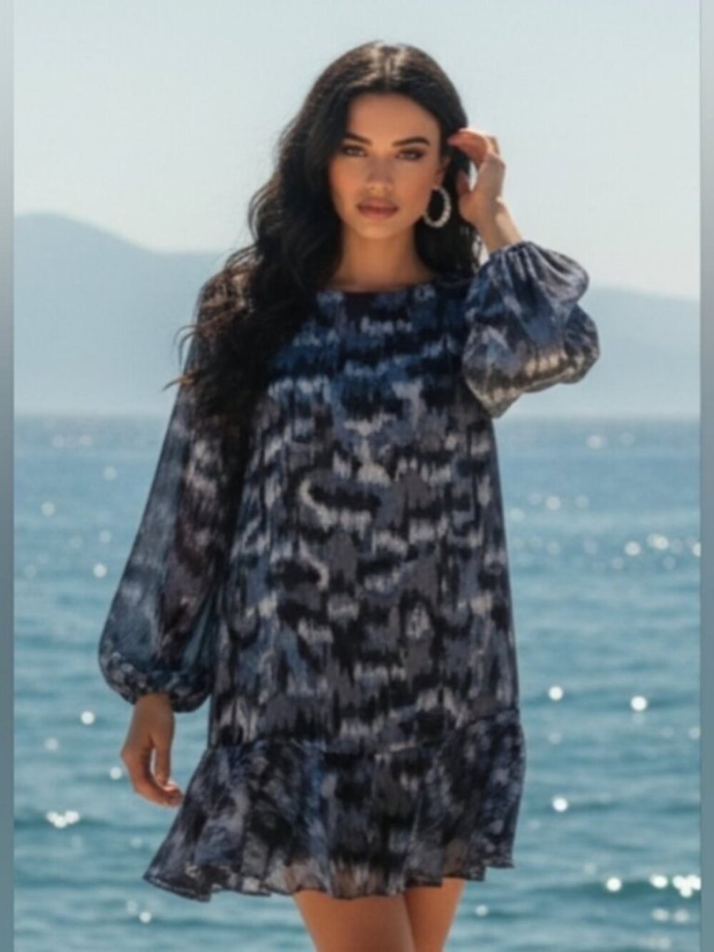 BCBG MaxAzria SZ M Pacific Blue Cloud Ruffle Hem Balloon Long Sleeve Lined Dress